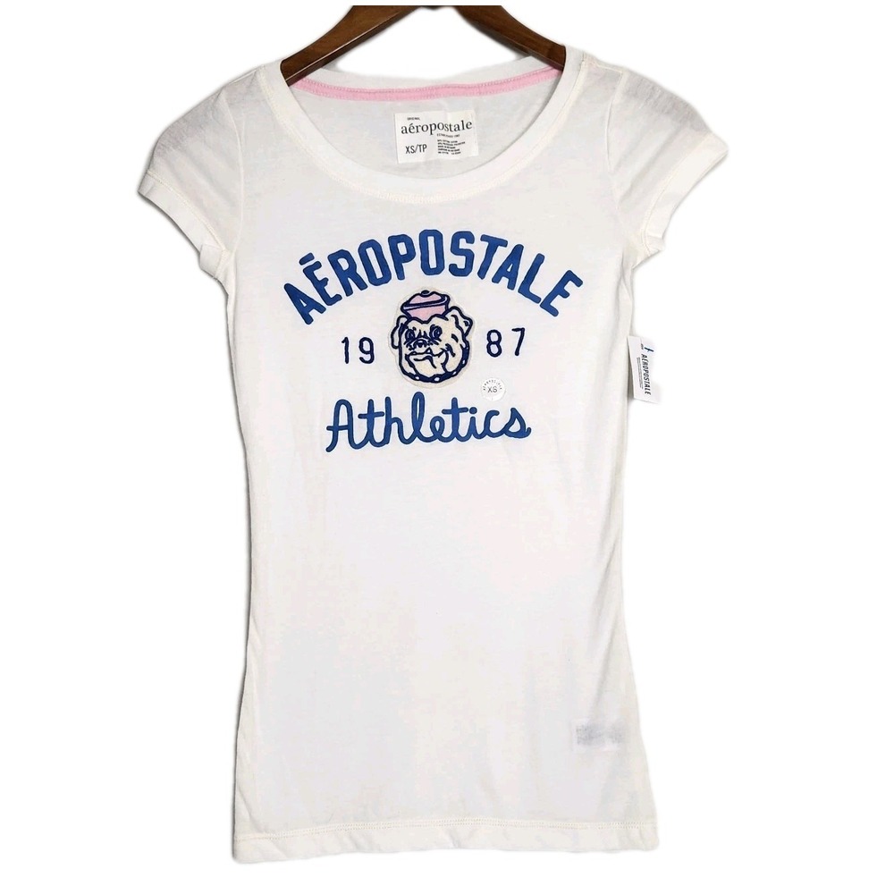 Aéropostale XS Graphic Tee Bulldog Logo White Fitted Baby Tee‎ Y2K NWT